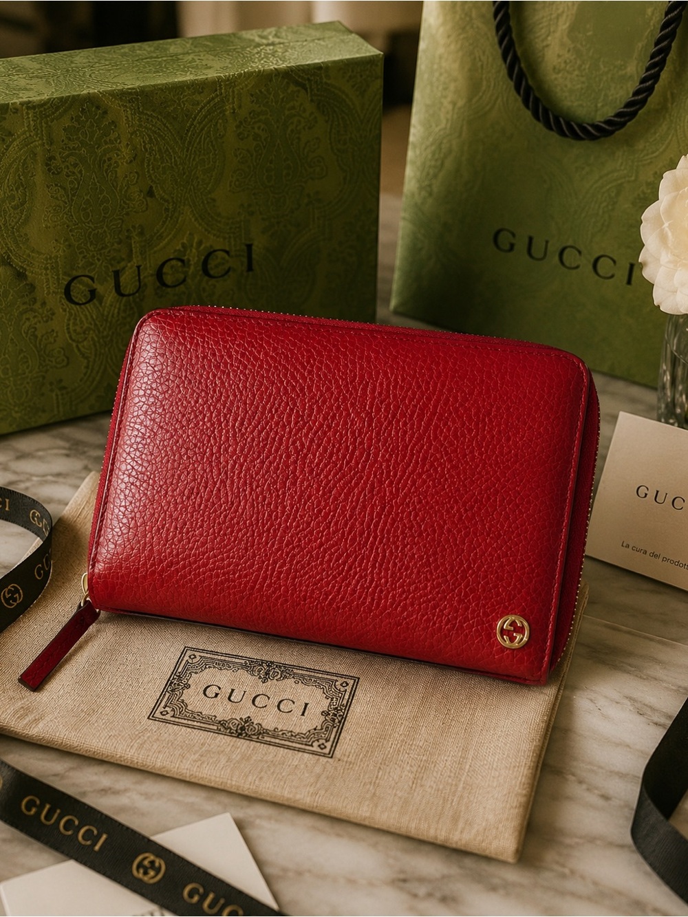 ❤️Gucci Red Pebbled Leather Zip Around Organizer Wallet Passport Travel Case❤️